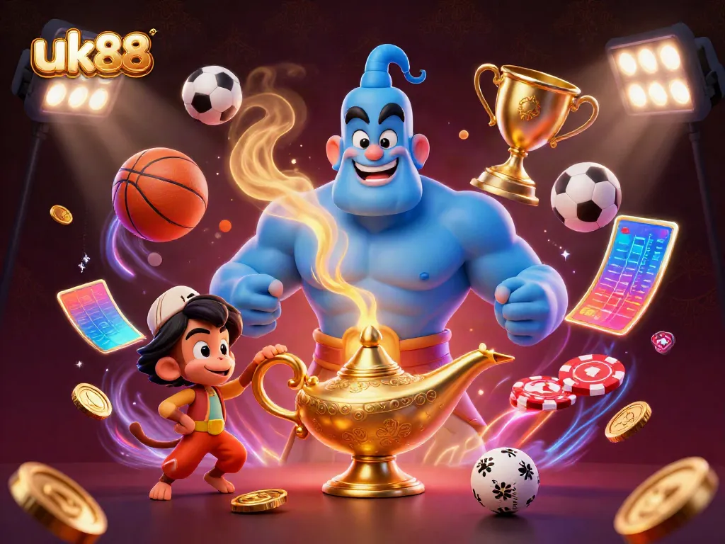 Experience excitement at uk88 with a genie, monkey, magic carpet, and sports elements in a vibrant gaming scene.