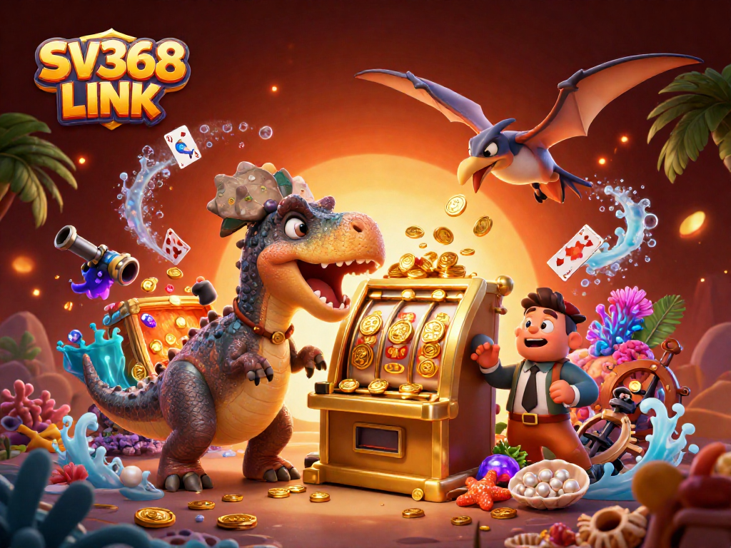 Experience the thrill of SV368 LINK as a cartoon dinosaur hits a jackpot slot.