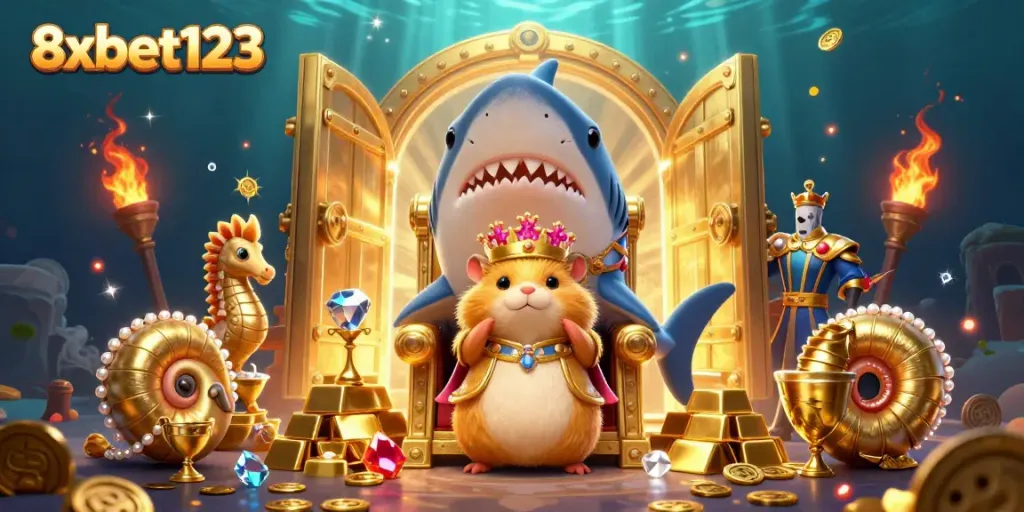 Experience thrilling 8xbet123 gameplay with a cartoonish megalodon throne and treasures.