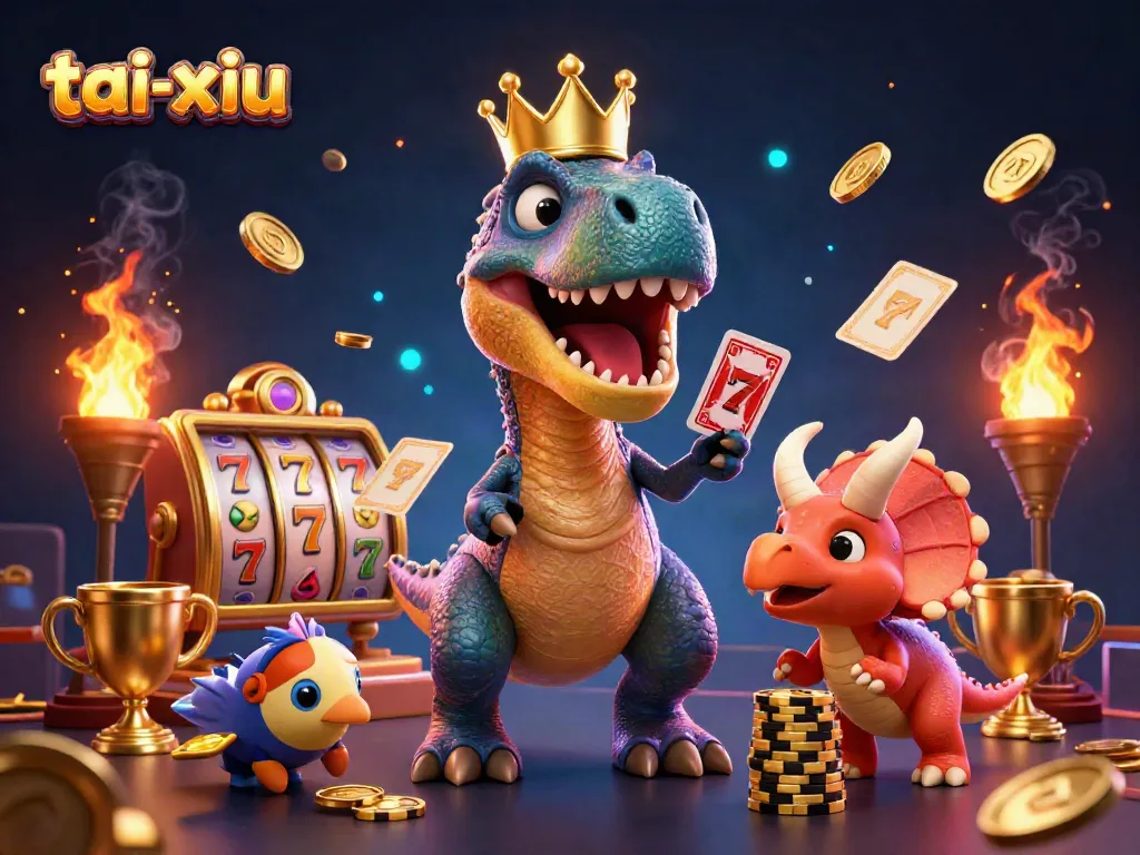 Experience the thrill of tai-xiu with a playful T-Rex and friends in a casino setting.