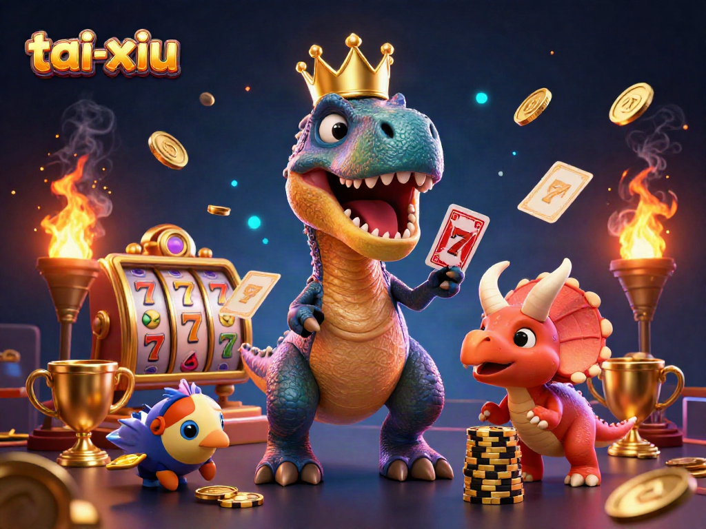 Experience the thrill of tai-xiu with a playful T-Rex and friends in a casino setting.
