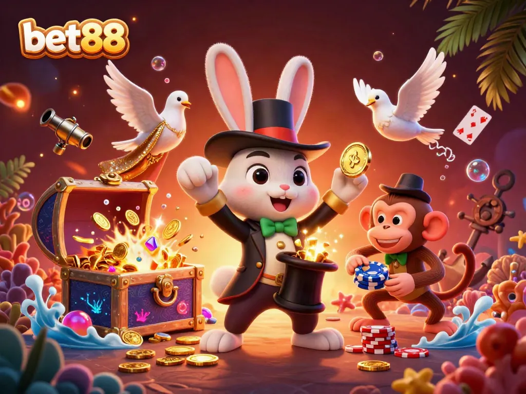 Bet88 captures the excitement of winning with a 3D magician rabbit pulling coins while gaming elements surround it.