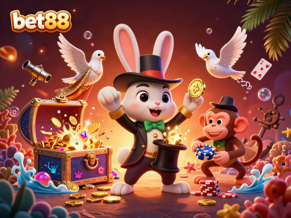 Bet88 captures the excitement of winning with a 3D magician rabbit pulling coins while gaming elements surround it.