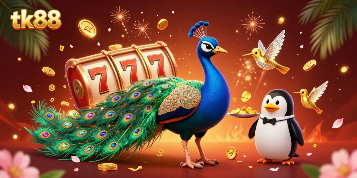 Spin the reels at tk88 with a captivating scene featuring a peacock, penguin, and hummingbird in a casino setting.