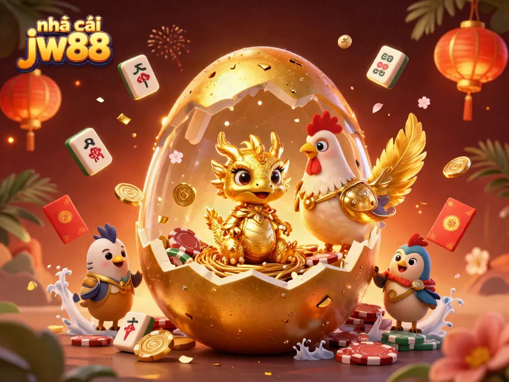 Experience the colorful world of nhà cái jw88 with golden gaming elements and a mythical golden dragon scene.