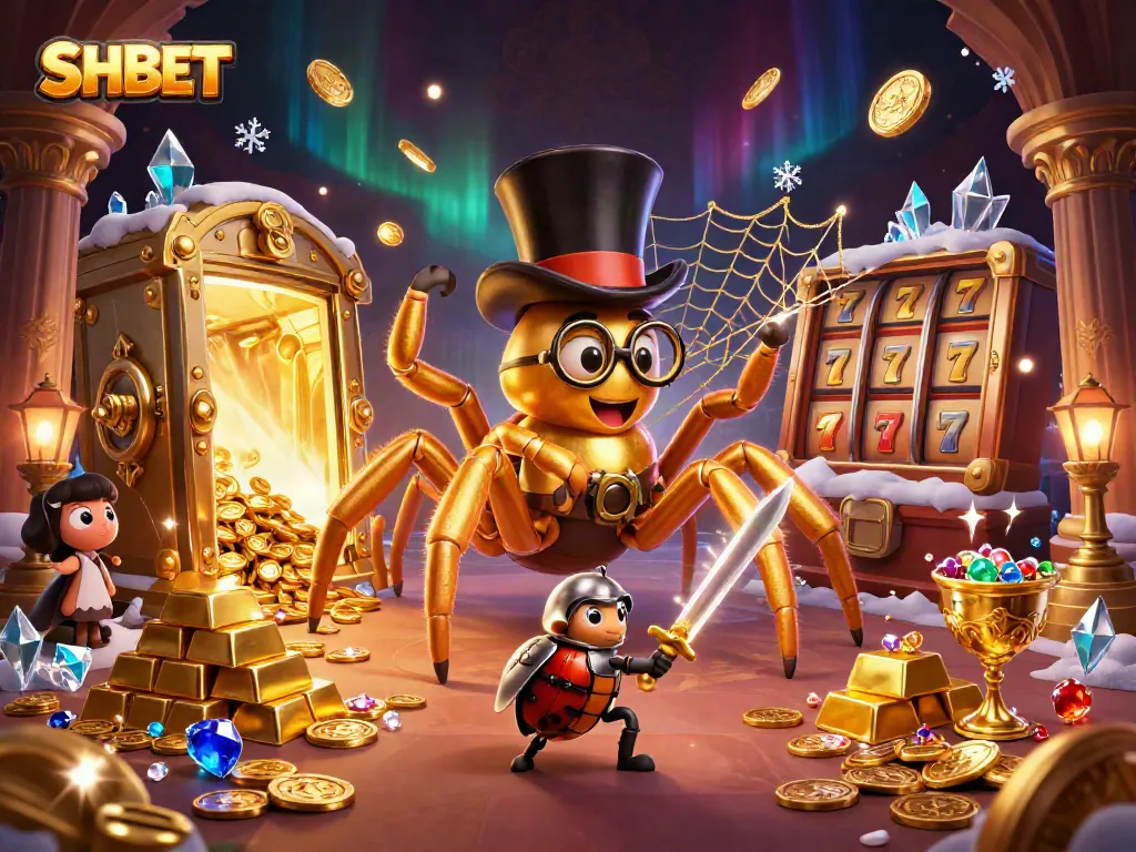SHBET showcases immersive gambling action with a giant golden tarantula and its beetle knight in this lavish casino scene.