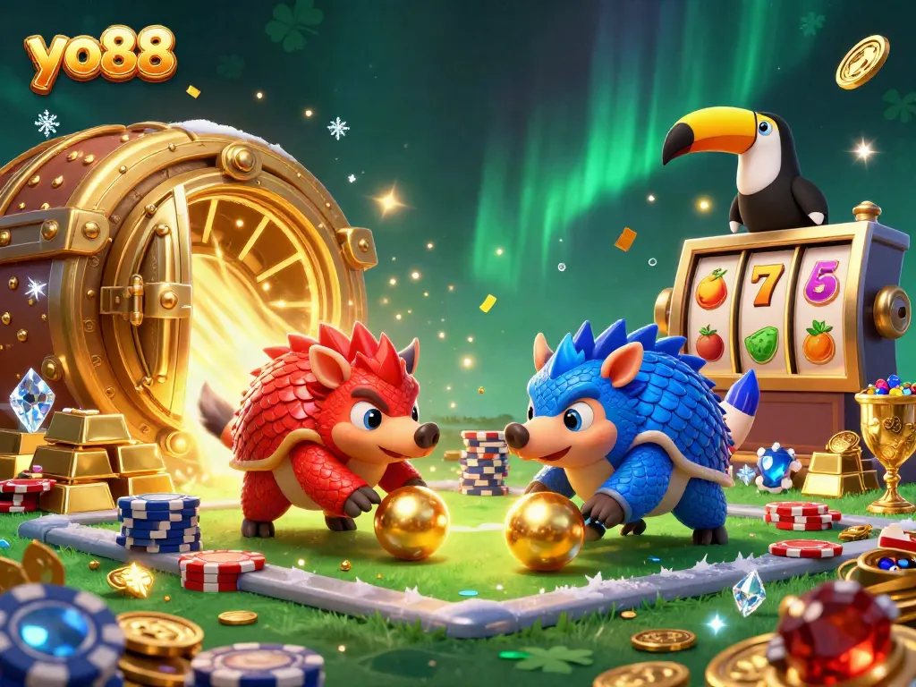 yo88 casino pangolins rolling golden balls and bowling through poker chips in vibrant illustration