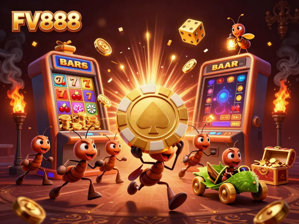 Experience the thrill of FV888 with a dynamic illustration featuring whimsical characters and casino elements.