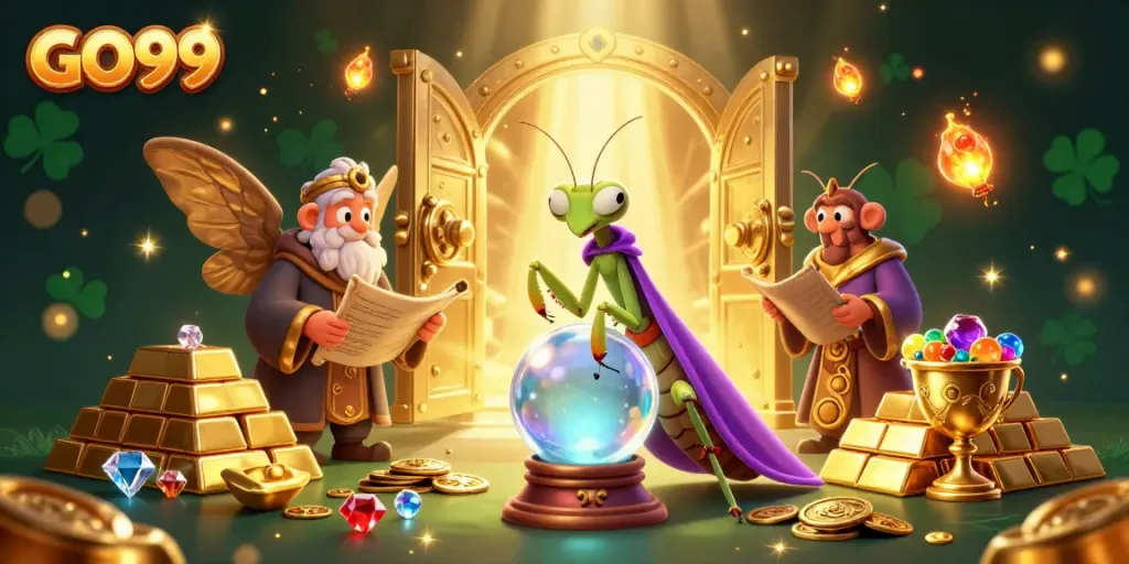 Experience the GO99 magic with a whimsical fortune teller scene surrounded by gold and gems.