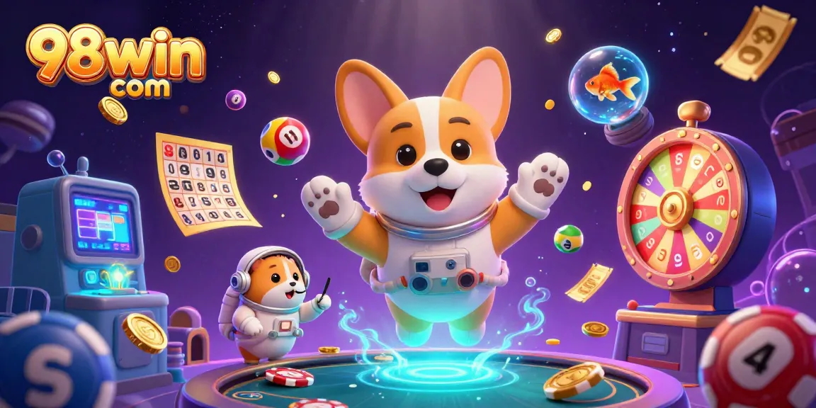 Experience thrilling games at 98win com with floating corgi, golden prizes, and vibrant fun elements.