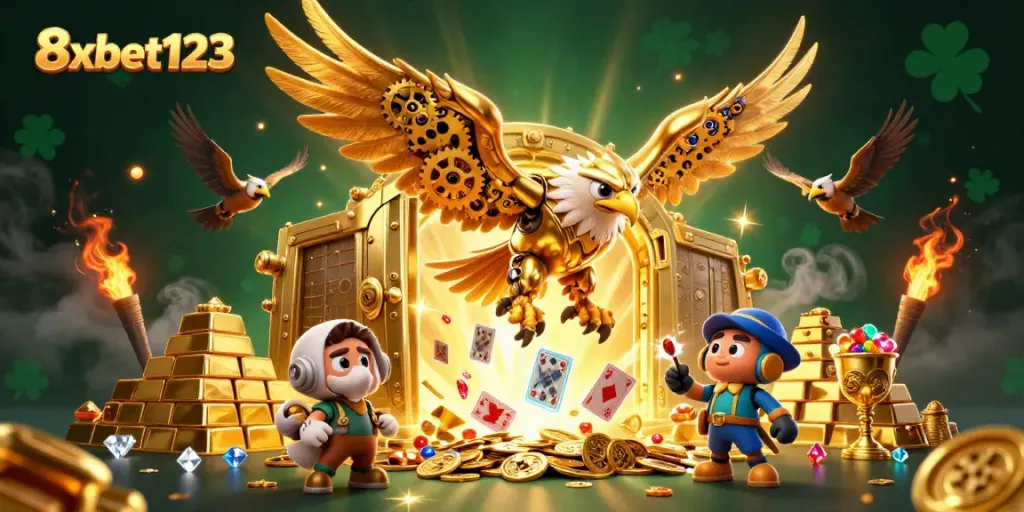 Experience the thrill of winning at 8xbet123, featuring a dynamic illustrated scene with a cybernetic eagle and treasure.