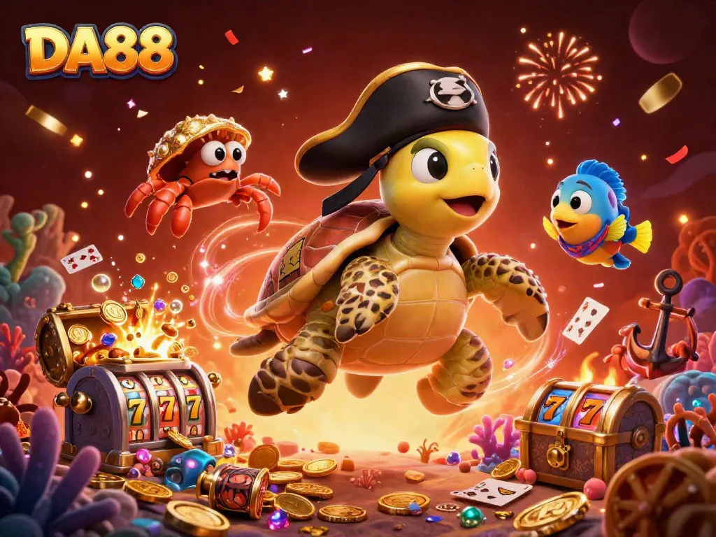 Engage with DA88: a vibrant casino scene with cartoon characters and slot game elements.