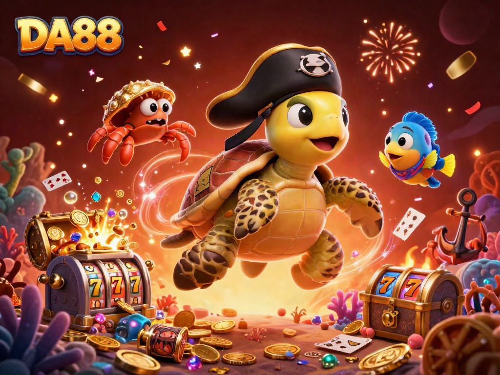 Engage with DA88: a vibrant casino scene with cartoon characters and slot game elements.