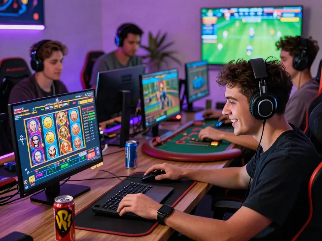 Diverse gamers enjoying vibrant online gambling at https://man881.jp.net/ with exciting games and modern accessories.