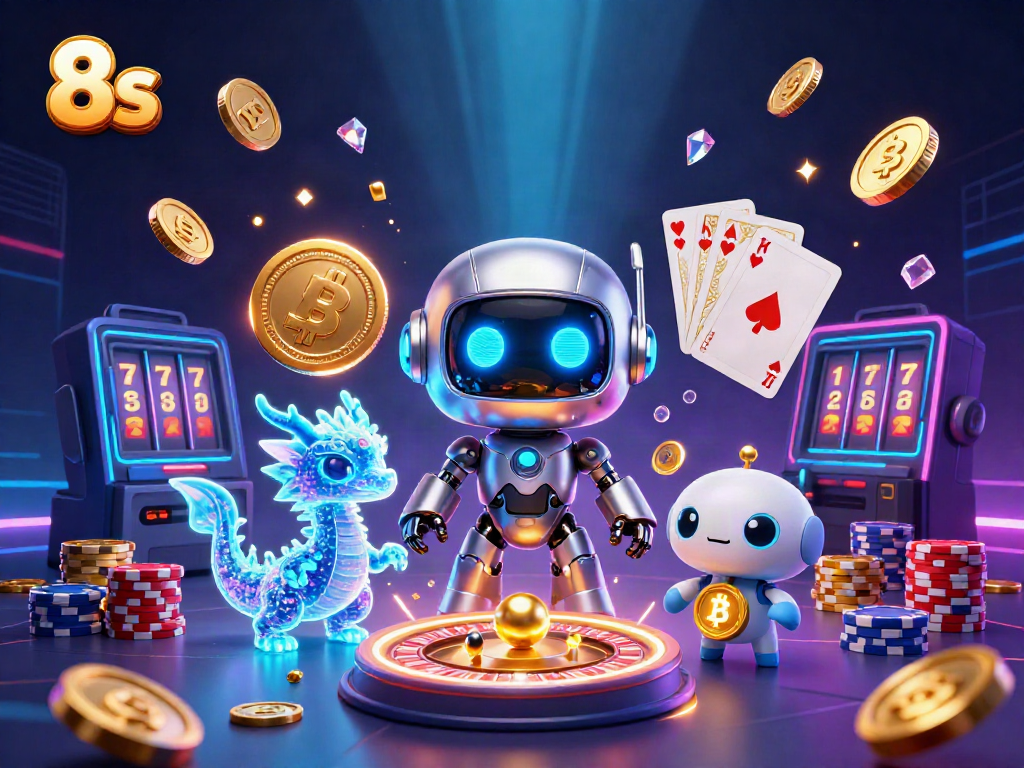 Experience thrilling wins with 8s in a vibrant 3D casino scene filled with coins, cards, and high-energy gameplay.