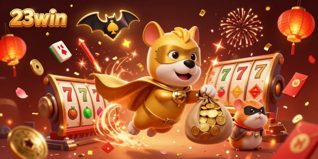 Engage with 23win's exciting gaming scene featuring a superhero dog and captivating elements.