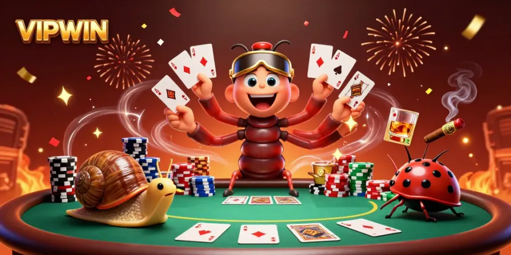 Experience the excitement of VIPWIN with the millipede dealer and a high-roller in a vivid casino illustration.