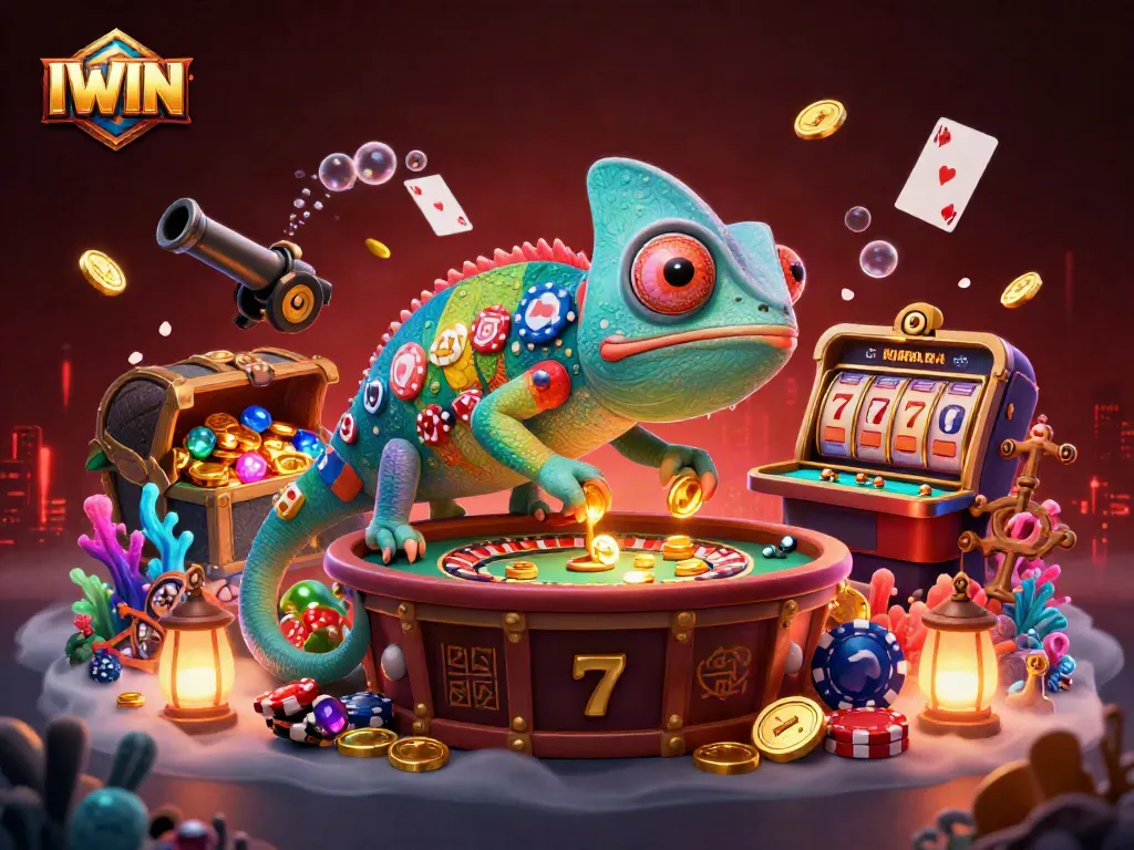 IWIN casino illustration showcasing a vibrant chameleon owner amidst slot reels and golden coins