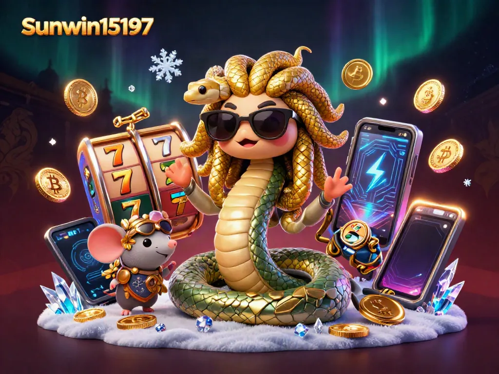 Experience the thrill of slots with Medusa and a warrior mouse in a vibrant scene filled with sunwin15197 elements.