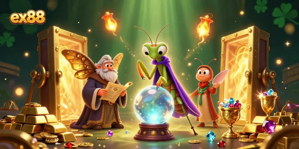 Experience the magic of ex88 with a vibrant scene featuring mystical characters and animated casino elements.