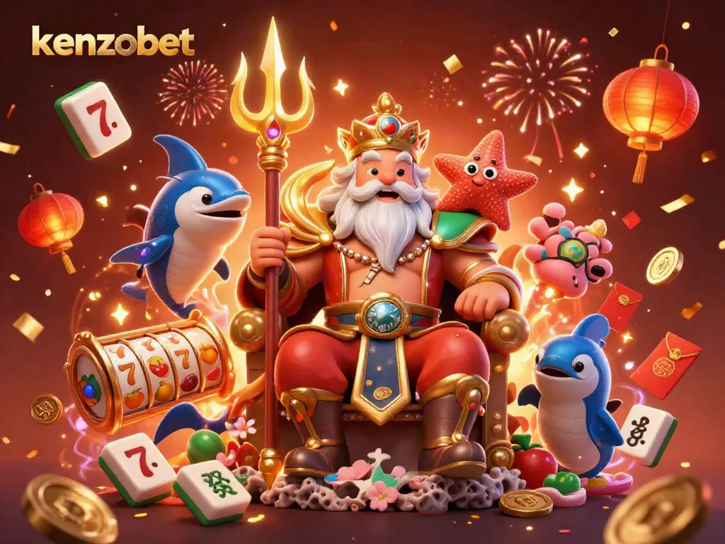 Experience thrilling gameplay with kenzobet’s dynamic scene of Neptune, samurai, and slot reels.