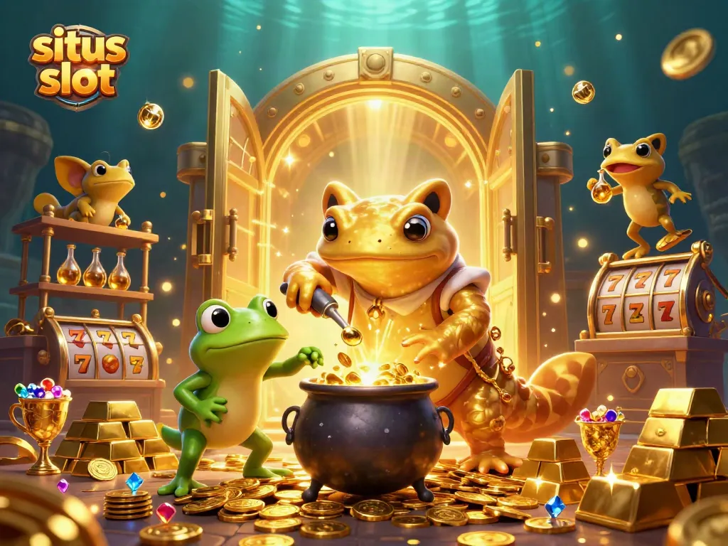 Engage with situs slot featuring a giant golden salamander alchemist and frog apprentice amidst bubbling treasure and slots.