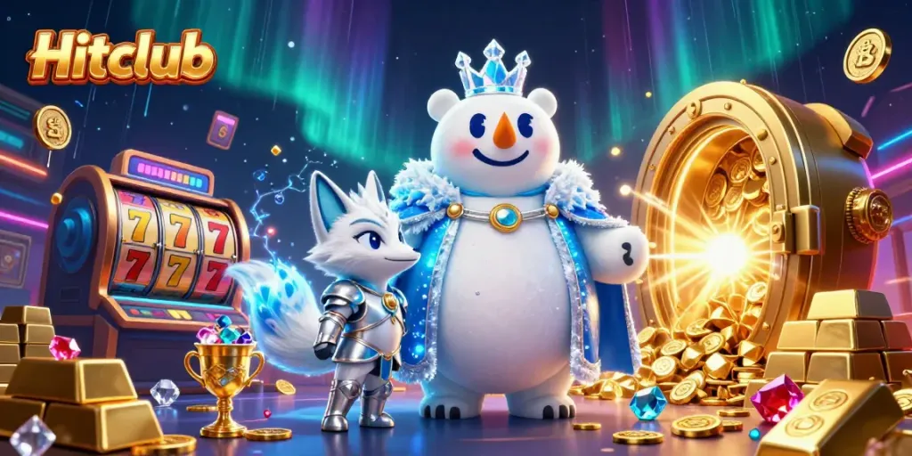 Engage with Hitclub's vibrant casino scene featuring a snow fox and ice king amidst slot machine symbols and treasure.