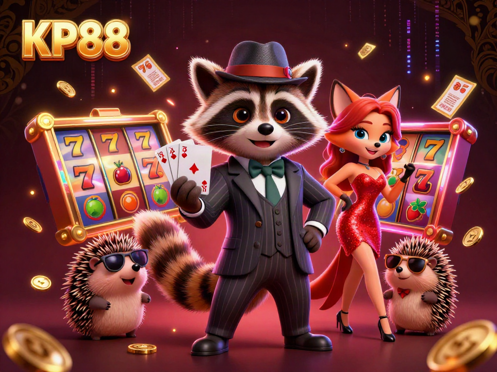 Engage with KP88 gaming excitement featuring a charming raccoon, fox, and hedgehog in a casino atmosphere.