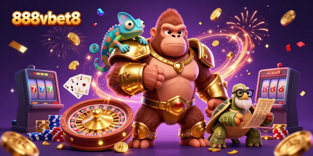 Cascade dazzling coins and vibrant slot reels with characters promoting 888vbet8 online gaming excitement.