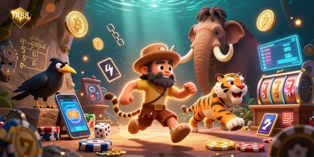 Win at TA88 casino with vibrant caveman and sabertooth tiger duo, showcasing lively gaming elements.