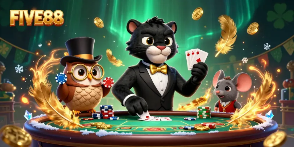 Join the FIVE88 action with a stylish panther dealer and winning poker owl in this vibrant online casino scene.