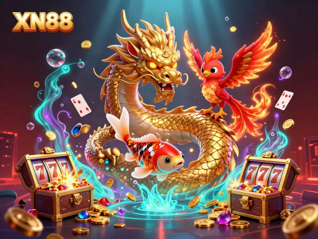 Experience the thrill of winning with XN88 in this dynamic casino-themed illustration featuring a dragon, phoenix, and koi fish.
