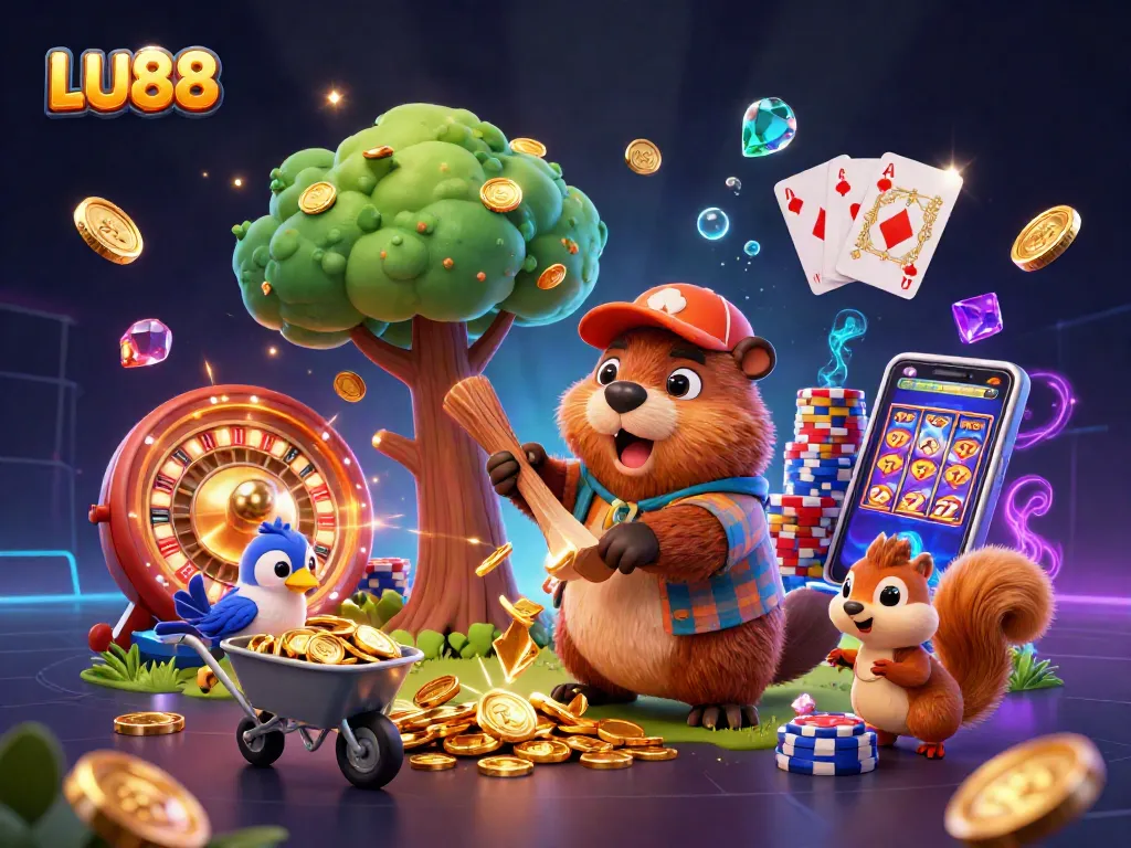 LU88 beaver character celebrating wins with gold coins and gems in vibrant casino illustration.