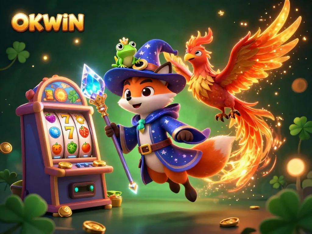 Engage with OKWIN's magical gaming experience featuring a wizard fox and vibrant slot machines.