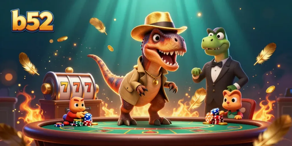 Participate in exciting blackjack action with b52’s animated velociraptor card counter and his suspicious stegosaurus pit boss.