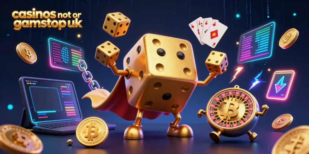 Engaging scene of casinos not on gamstop uk with golden dice golem juggling, Bitcoin, and Ethereum elements illustrating crypto gaming.