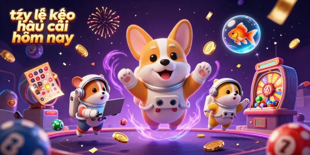 Experience the exciting dynamics of tỷ lệ kèo nhà cái hôm nay with a lively casino scene featuring astronaut animals and vibrant gaming elements.