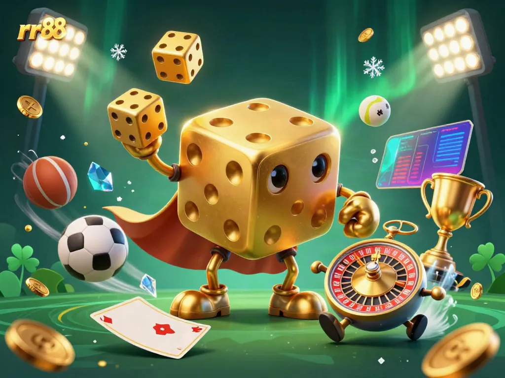 Experience thrilling gameplay with rr88, featuring dynamic golden dice golem and sports elements in an immersive casino atmosphere.
