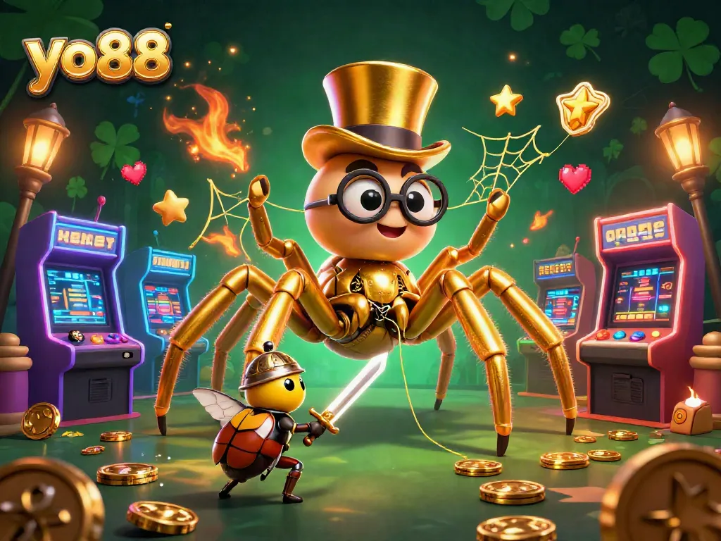 Experience thrilling gameplay at yo88 with a vibrant casino scene featuring golden tarantula and beetle knight.