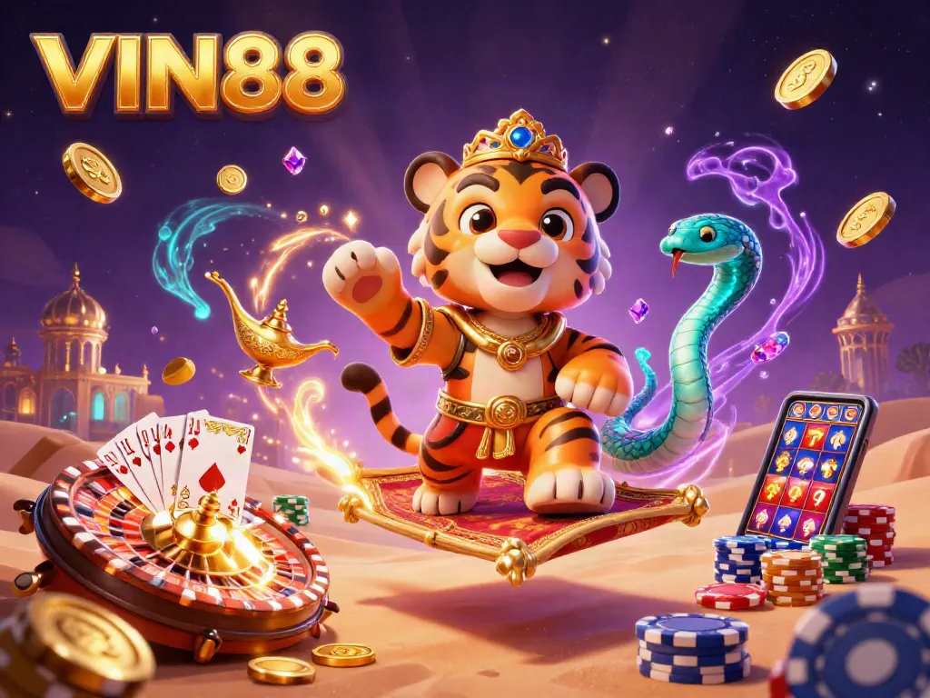 Experience thrilling gaming at VIN88 with a vibrant scene featuring a tiger sultan, magic lamp, and casino elements.