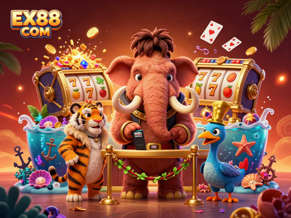 Experience exclusive gaming at EX88 COM while a woolly mammoth checks IDs at the casino.