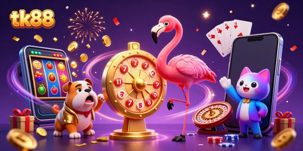 Witness the excitement at tk88 as a flamingo host and bulldog contestant spin a prize wheel amidst colorful gaming elements.