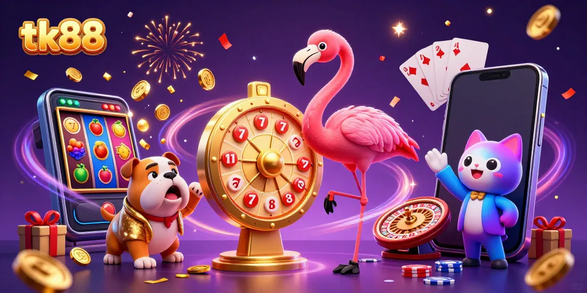 Witness the excitement at tk88 as a flamingo host and bulldog contestant spin a prize wheel amidst colorful gaming elements.