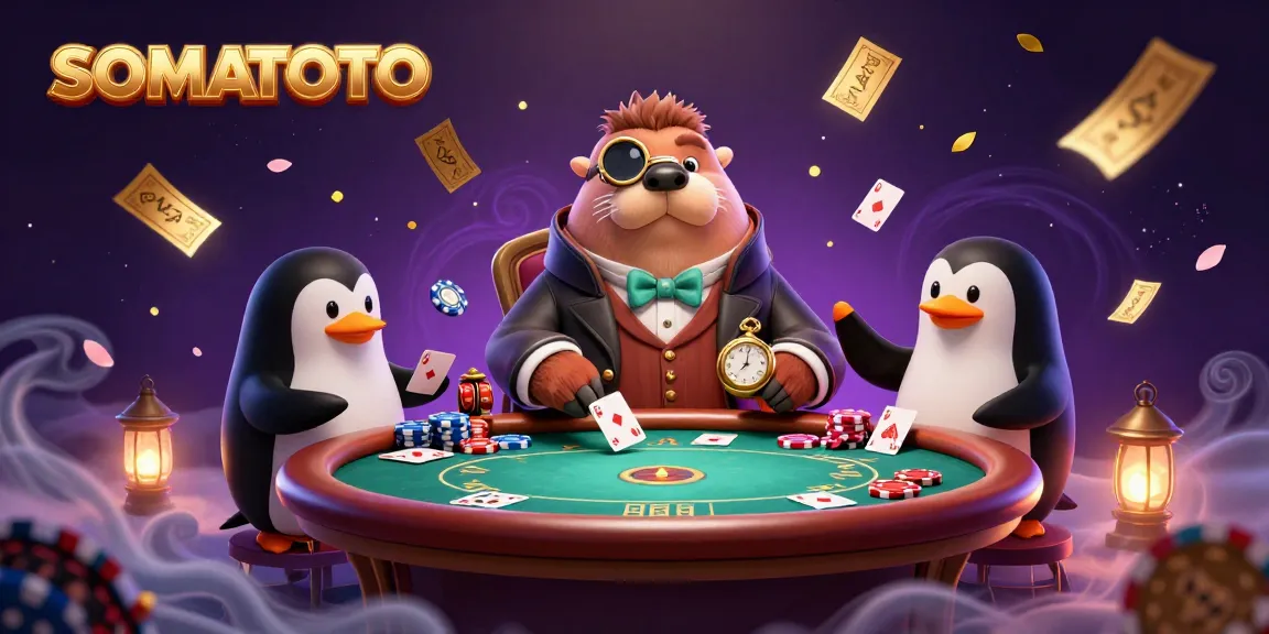 Experience thrilling poker action with SOMATOTO, featuring colorful characters and dynamic game elements.