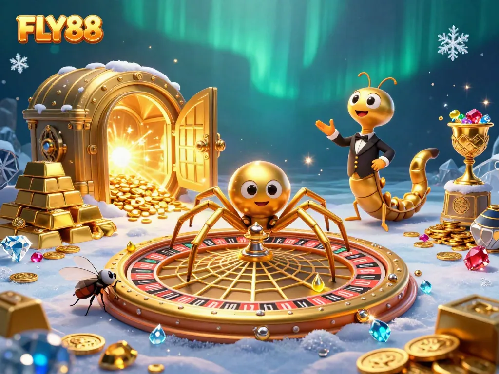 FLY88 gameplay scene with a spider croupier, a nervous fly betting, and jewels galore.