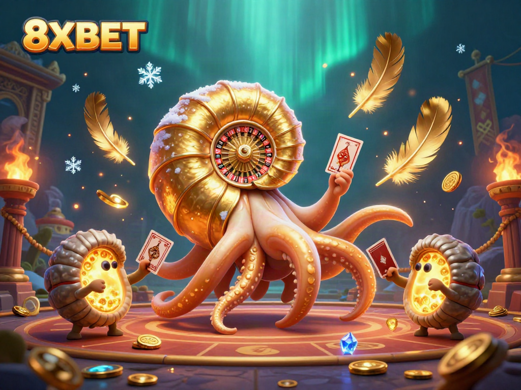 Experience the thrilling world of 8XBET with a captivating casino scene featuring a nautilus roulette wheel.