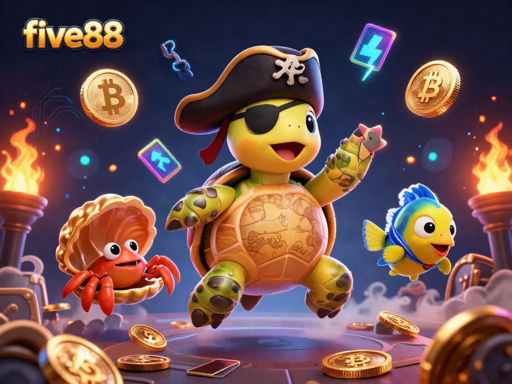 Join the adventure with five88 as a pirate turtle uncovers treasure in a vibrant casino scene.